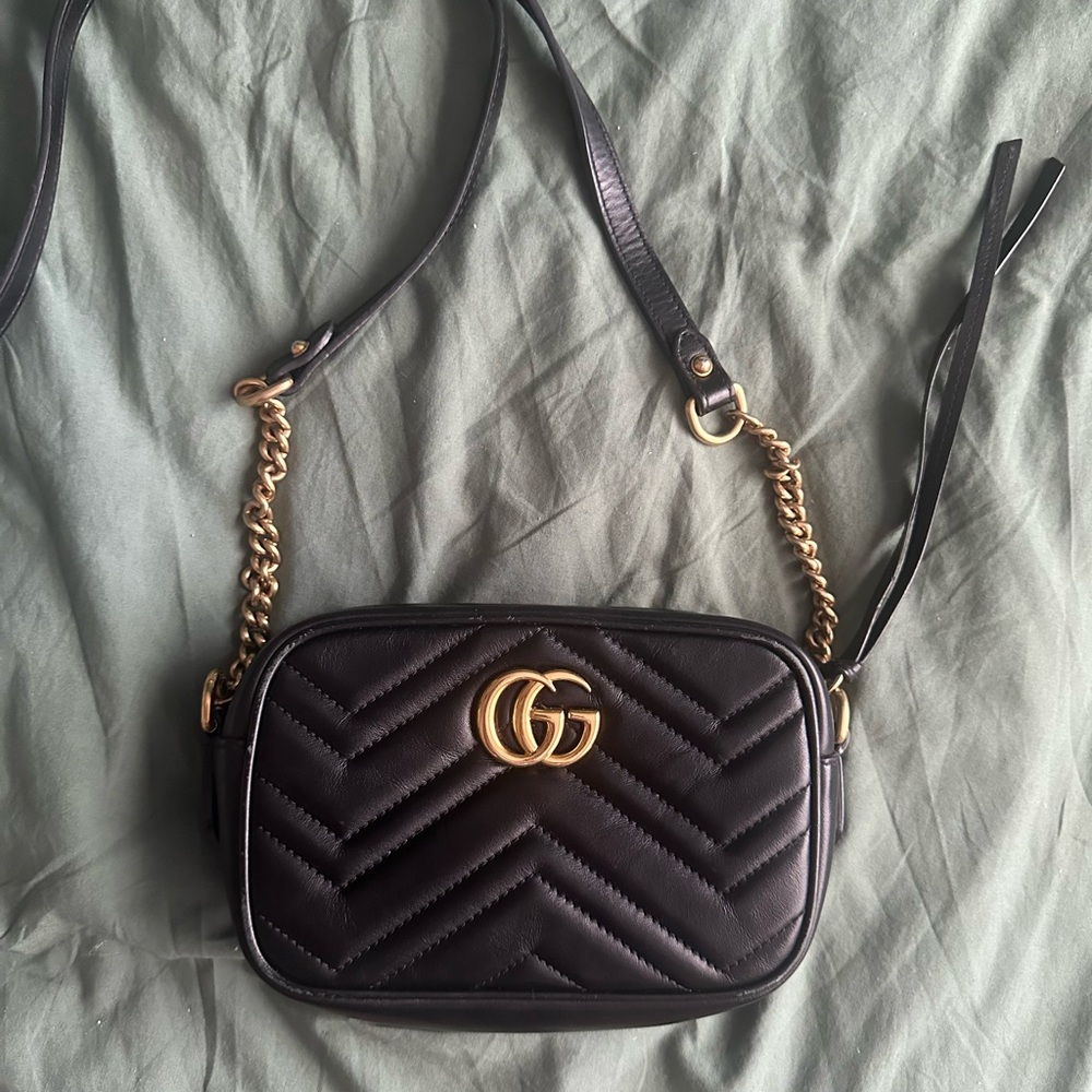 Authentic Gucci GG Marmont Mini Black and Gold Crossbody Bag